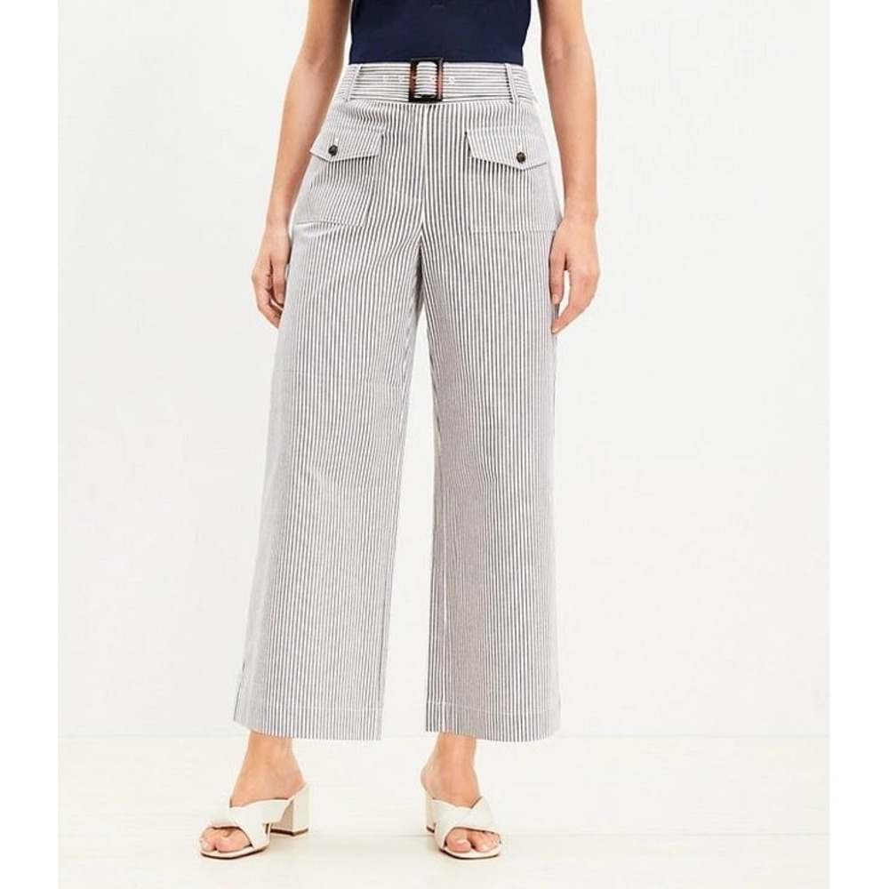 Loft Light Blue Wide‎ Leg Linen Pants High Rise Belted Summer Vacation Casual 6